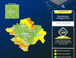 BMKG Sumsel: Peringatan Dini Hujan Lebat Disertai Petir dan Angin Kencang 12 Agustus 2025