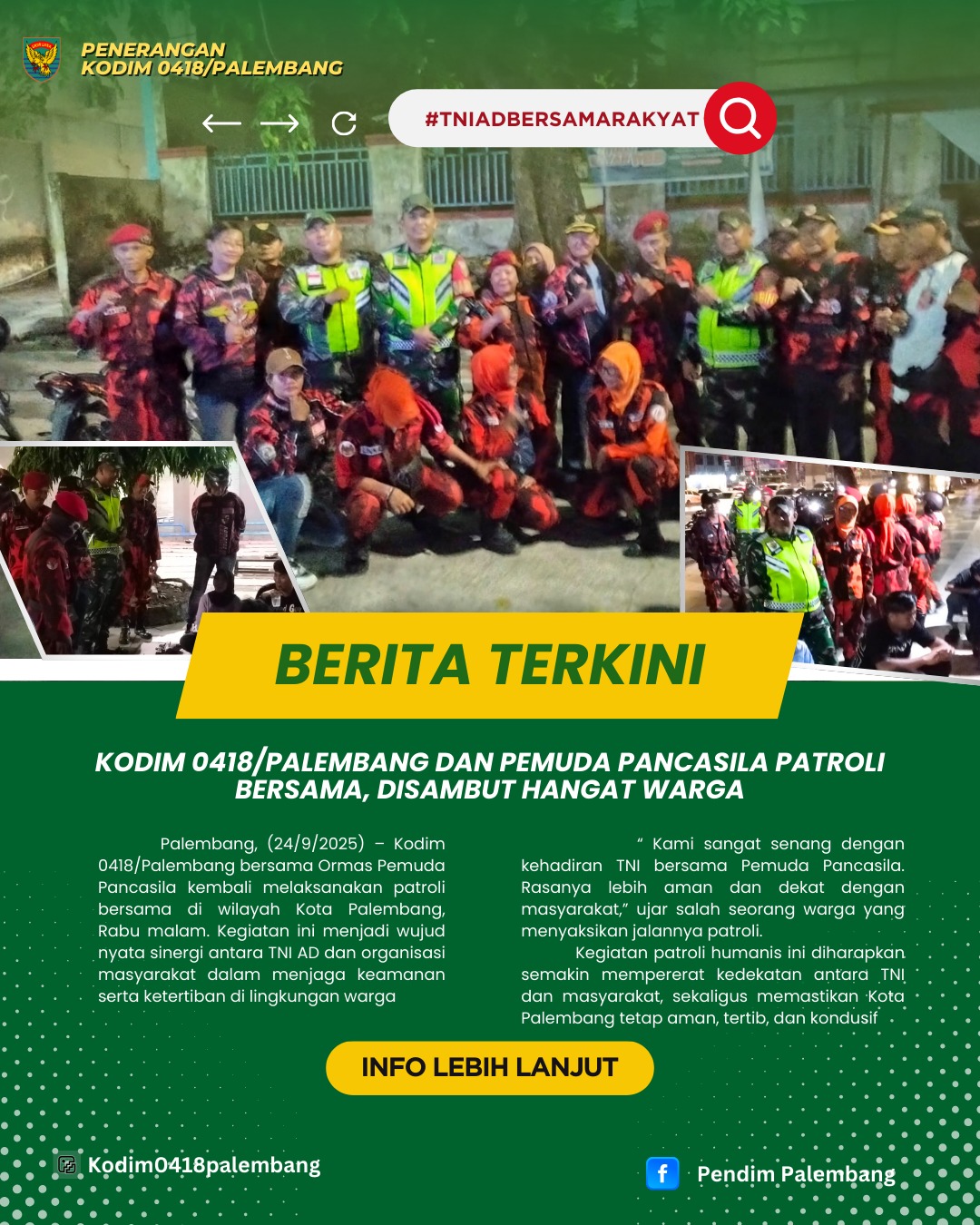 Kodim 0418/Palembang dan Pemuda Pancasila Gelar Patroli Bersama, Disambut Hangat Warga 1