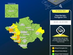BMKG Sumsel Keluarkan Peringatan Dini Hujan Lebat Disertai Petir dan Angin Kencang, 5 Oktober 2025