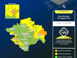 BMKG Sumsel Keluarkan Peringatan Dini Cuaca 20 Oktober 2025, Hujan Lebat Disertai Petir dan Angin Kencang Berpotensi Landa Sejumlah Wilayah
