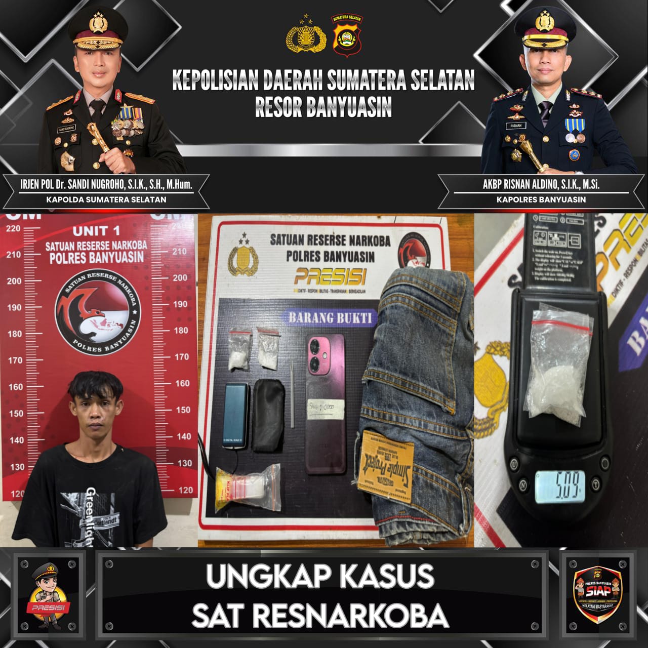 Polres Banyuasin Tangkap Dua Pengedar Sabu di Talang Kelapa, 13,42 Gram Barang Bukti Disita 1