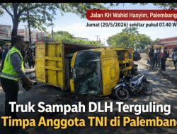 Truk Sampah DLH Terguling Timpa Anggota TNI AD di Jalan KH Wahid Hasyim Palembang