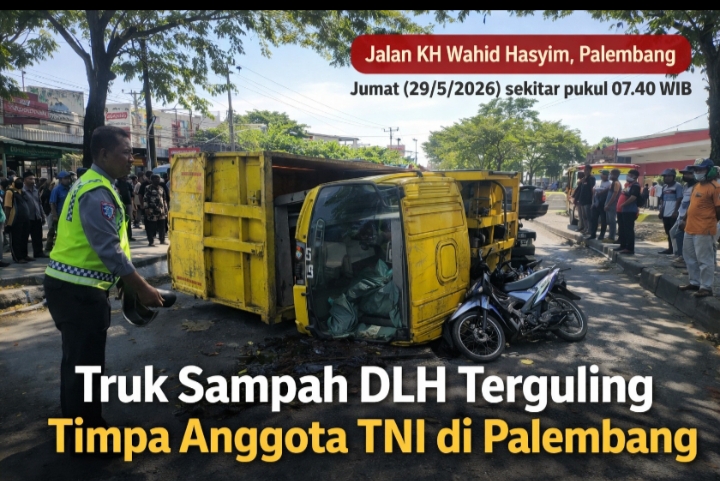 Truk Sampah DLH Terguling Timpa Anggota TNI AD di Jalan KH Wahid Hasyim Palembang 1